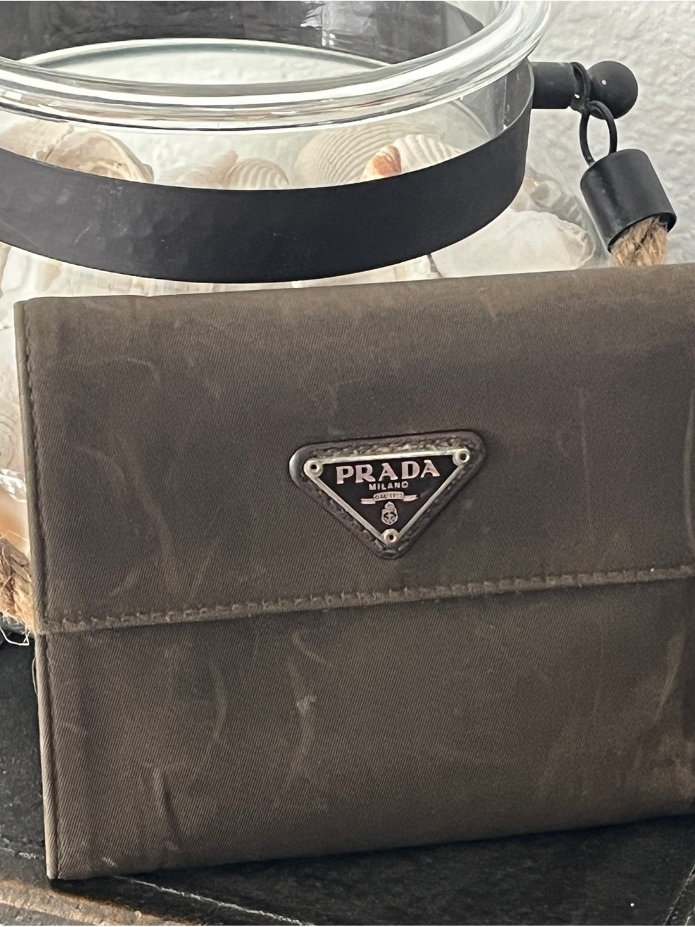 Prada Olive Green Nylon Tri-Fold Wallet with Triangle Logo